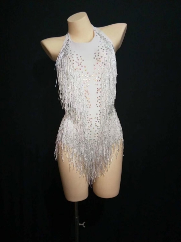 White Fringed Rhinestones Leotard - Costumes - Raywigs