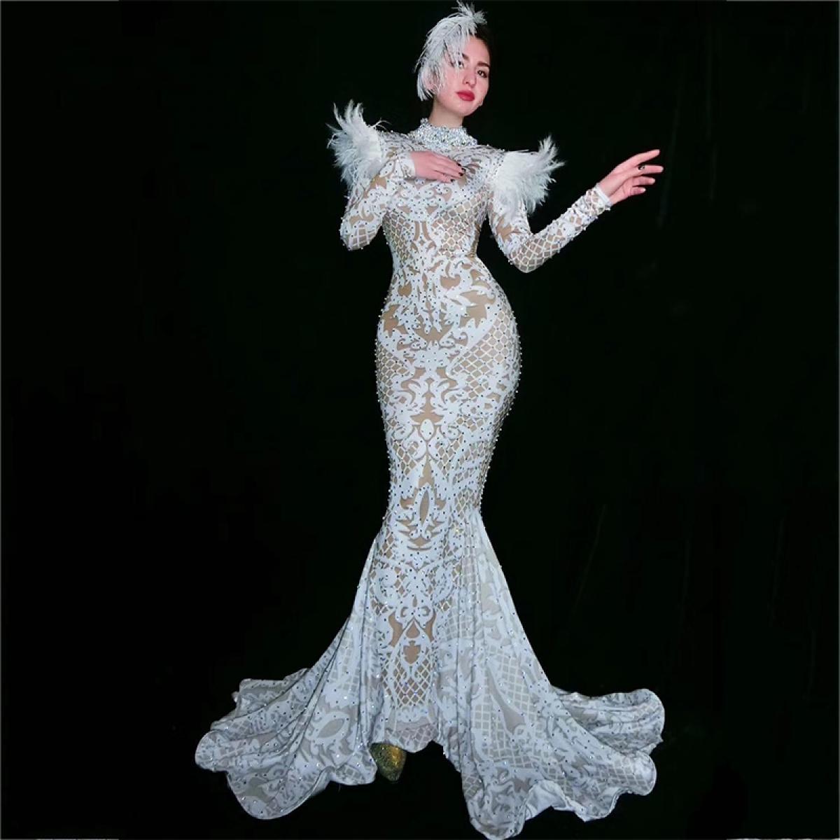 White Feather Rhinestones Nude Dress - Costumes - Raywigs