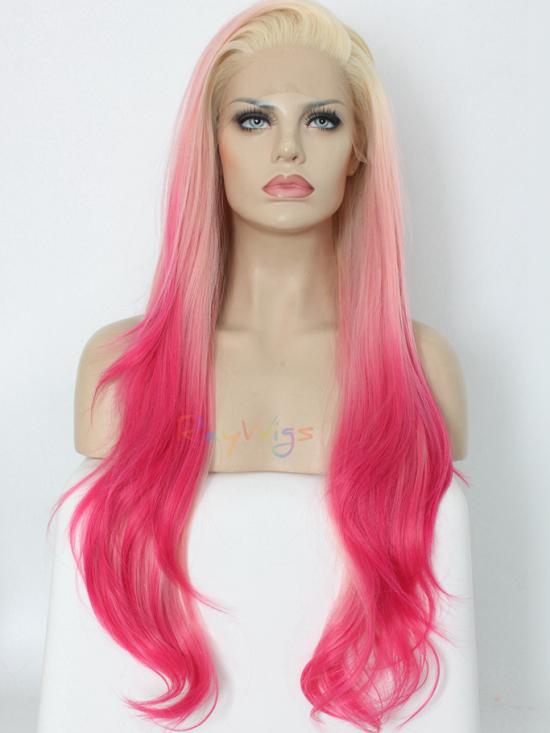 Flamingo Pink With Blonde Hair Root Ombre Drag Wig Synthetic