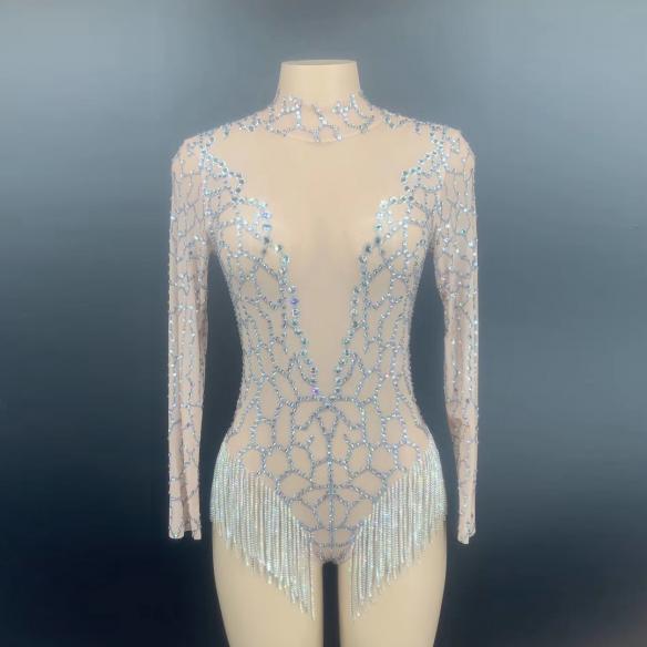 Skincolor Rhinestone Grid Leotard - Costumes - Raywigs