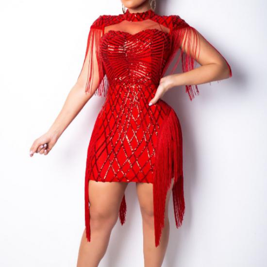 red sequin fringe dress