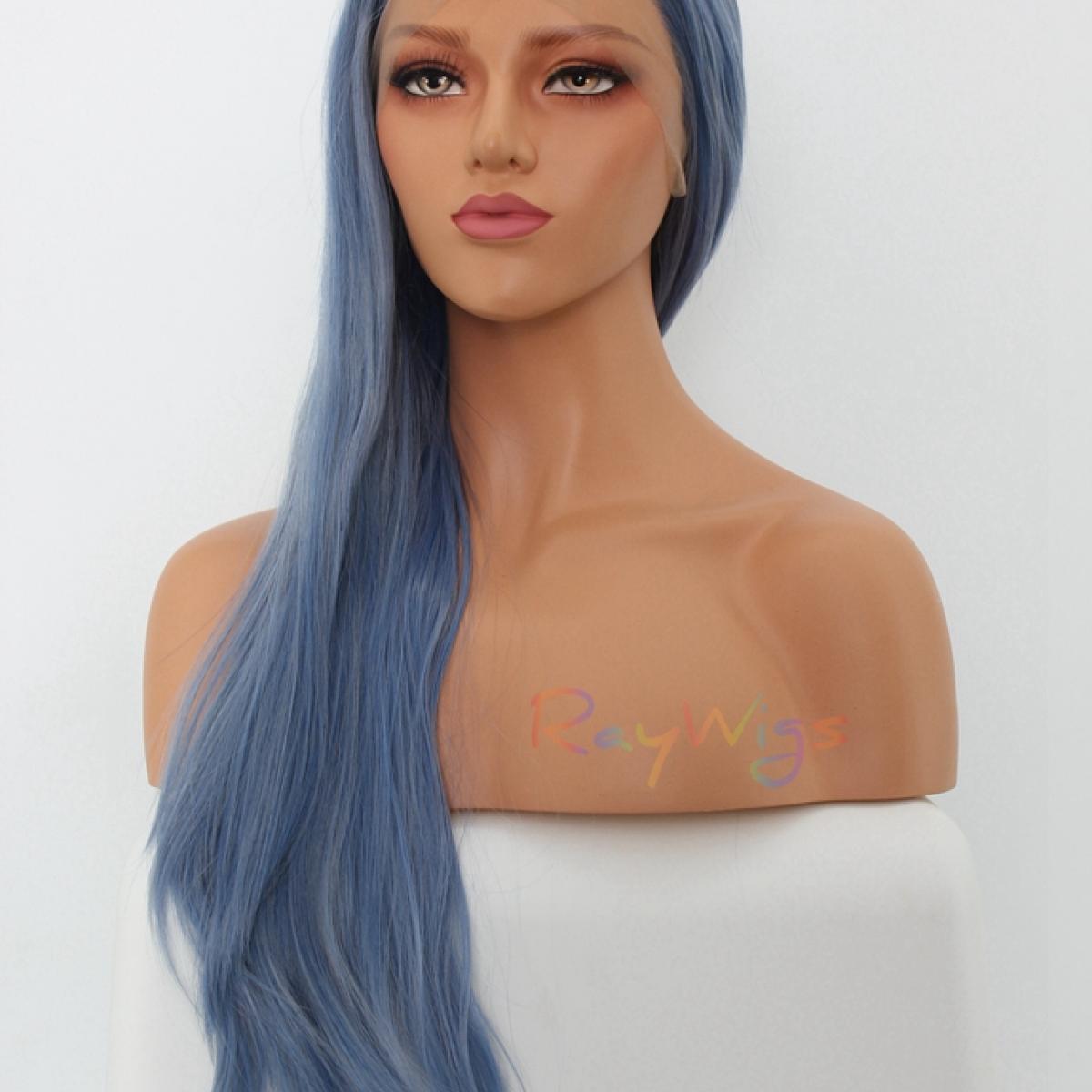 Dusty Blue and Gray Mixed Color Long Straight Wig Style Neon