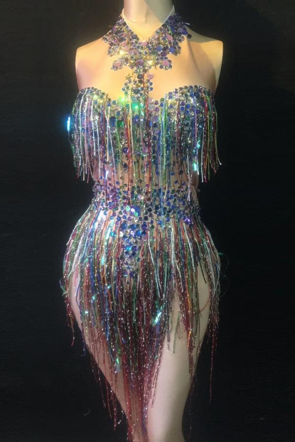 Rainbow Fringe Rhinestones Corset - Costumes - Raywigs