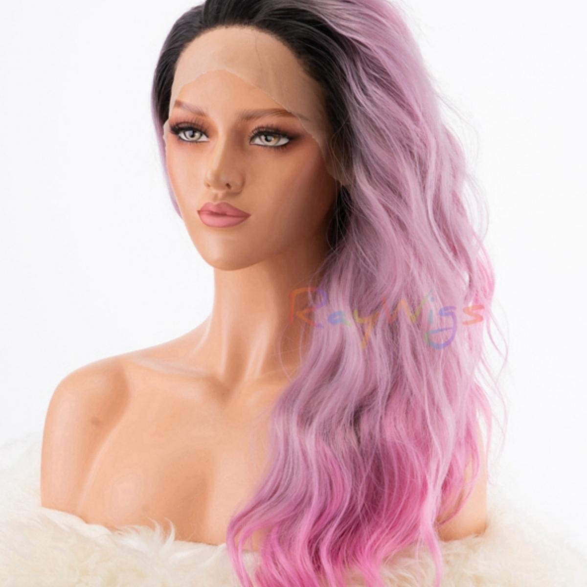New Lavender to Pink with Dark Hair Root Synthetic Lace Wig