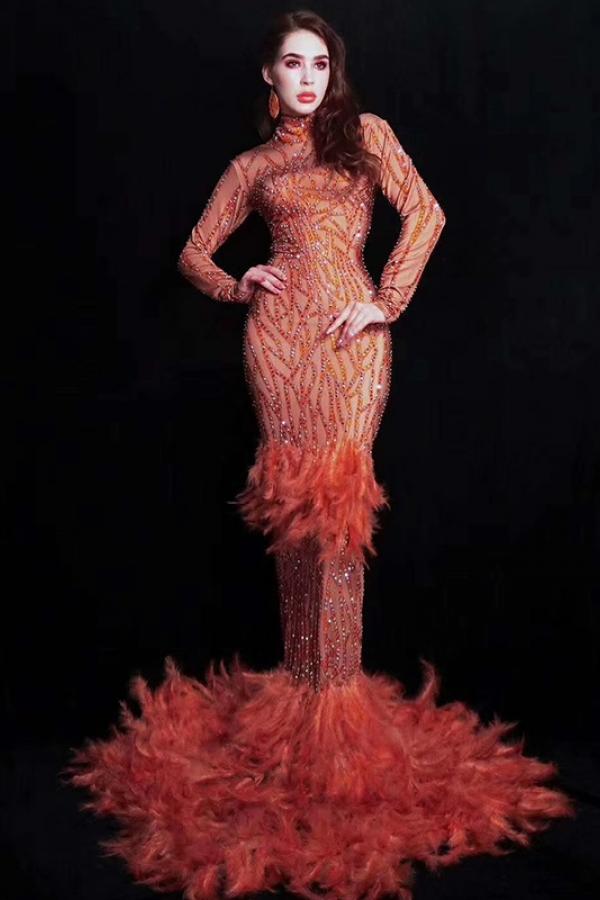 Orange Rhinestone Feather Trailing Dress - Costumes - Raywigs