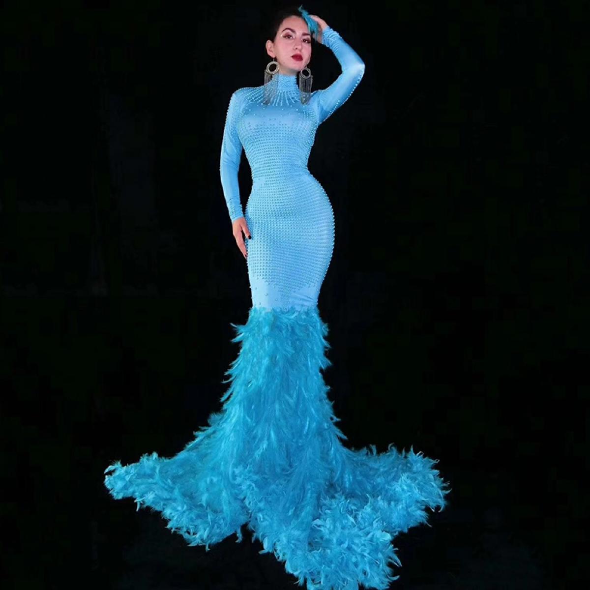 Blue Rhinestones Feather Maxi Dress - Costumes - Raywigs